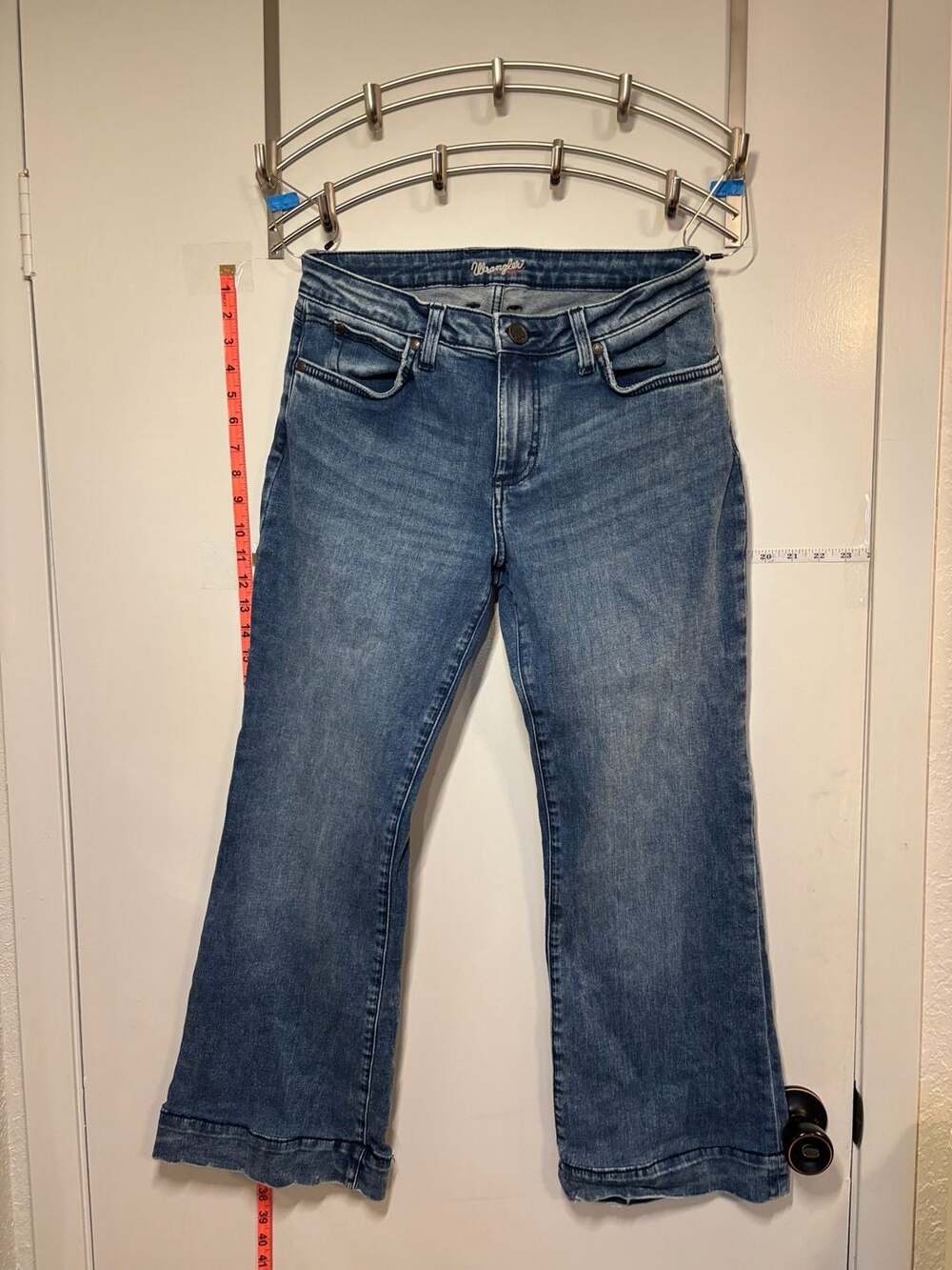 M1: Wrangler Womens Aura High Rise Flare Leg Blue Jeans 32 y2k hippie cowgirl